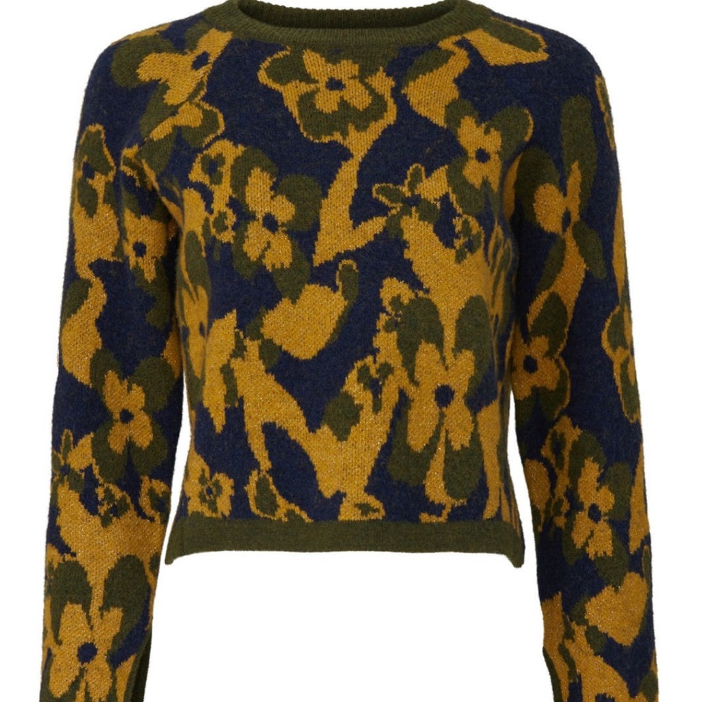 Ramy Brook Floral Crew Neck Sweater - Navy and Mustard